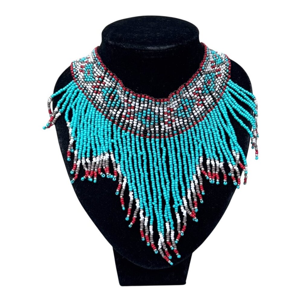 Handmade Tribal Beaded Fringe Collar Bib Turquoise Bead Necklace Lobster Clasp